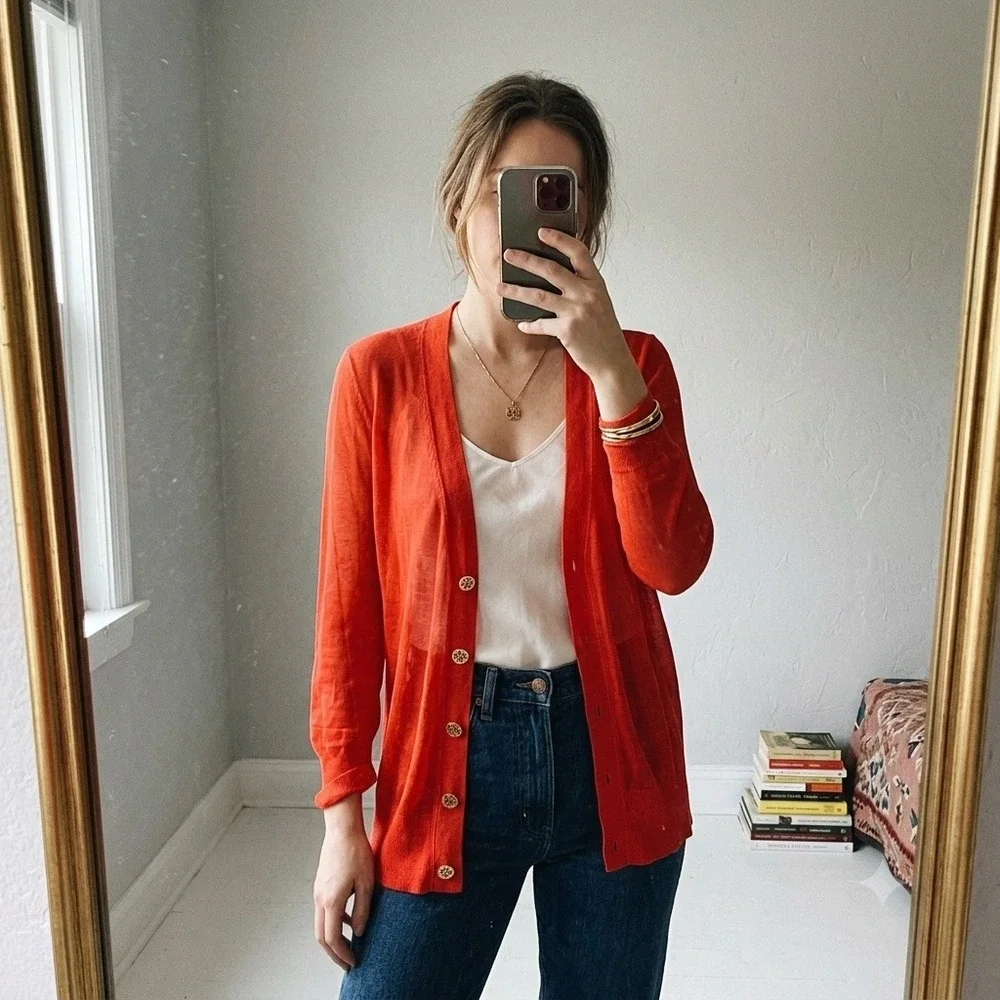 Tory Burch Womens Sweater XL Red Sheer V-Neck Button Front Cardigan Preppy